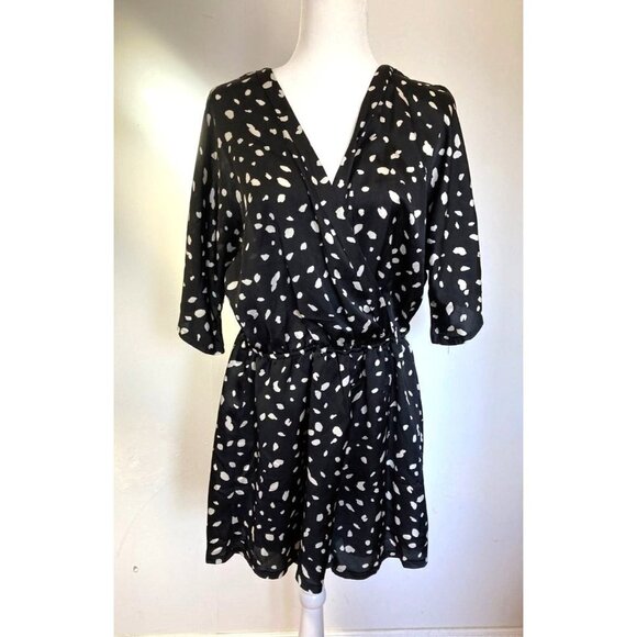 NWT PrettyLittleThing Black Dalmation Wrap Playsuit Romper Size 12 - Picture 1 of 6